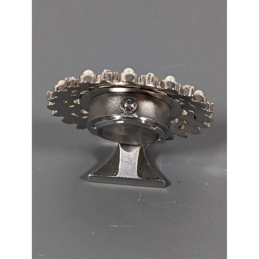 Silver Tone Faux Pearl Rhinestone Desk Clock Vanity Decor Working New Battery